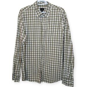 J Crew Slim Flex Washed Tan & White Checkered  Plaid Gingham XL Mens Button Down